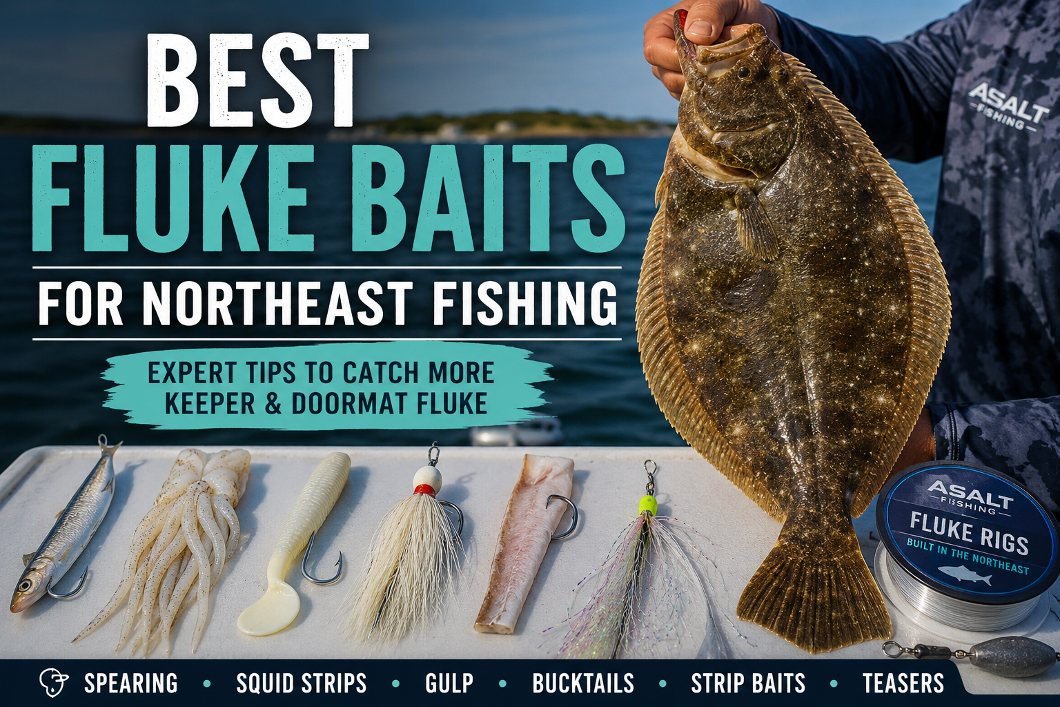 Large Northeast fluke caught on Asalt Fishing fluke rigs with spearing, squid strips, Gulp, bucktails, strip baits, and teaser rigs displayed on a boat during summer flounder fishing.