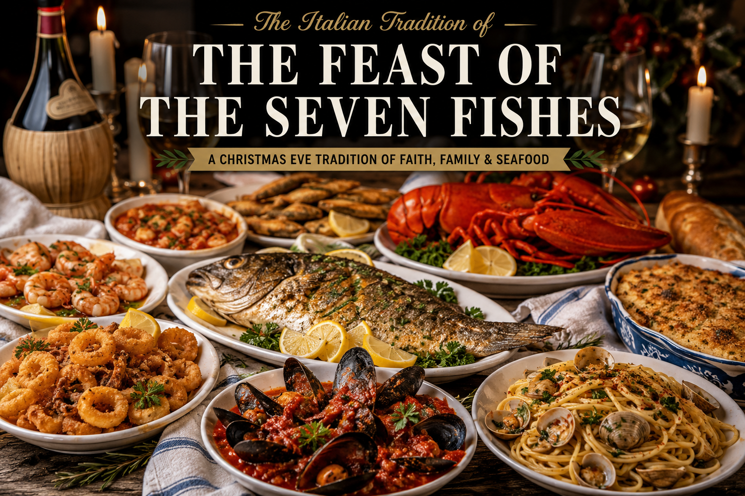 Traditional Italian Feast of the Seven Fishes Christmas Eve seafood dinner featuring lobster, calamari, clams, shrimp, mussels, whole roasted fish, pasta, wine, and candlelit holiday table decor