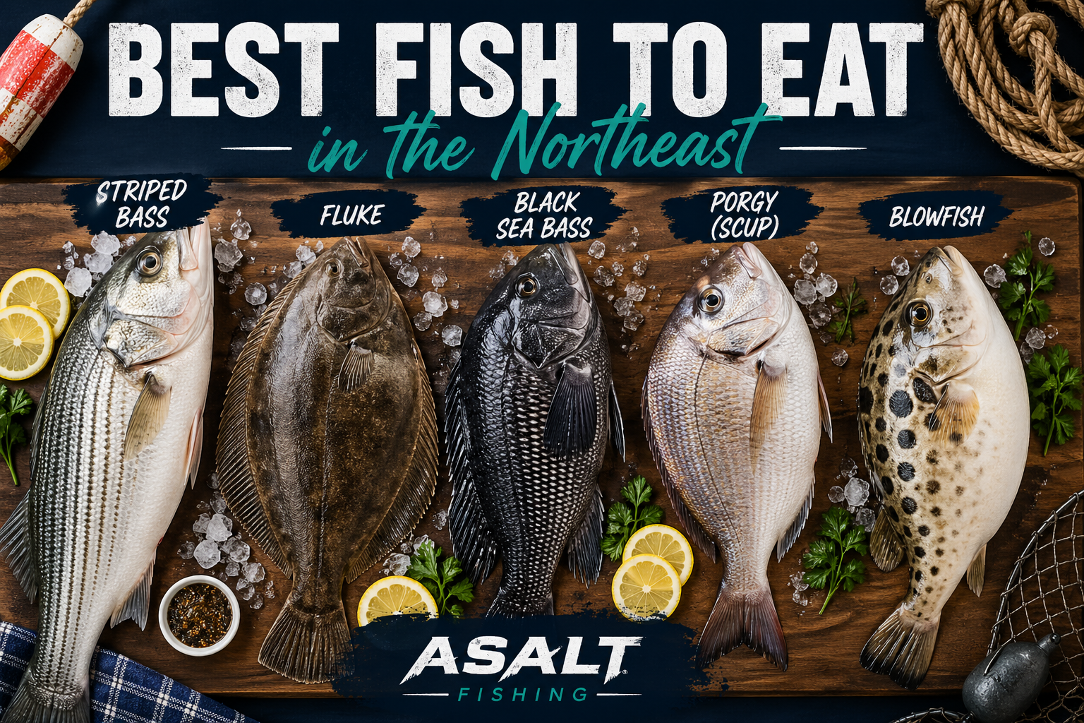 Best fish to eat in the Northeast including striped bass, fluke, black sea bass, porgy, and blowfish displayed on ice