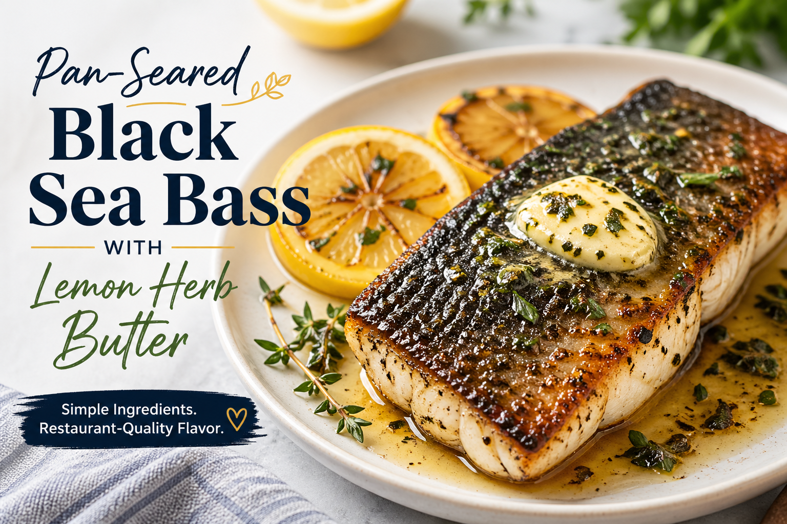 Pan-seared black sea bass fillet with crispy skin, topped with melting lemon herb butter, served on a white plate with charred lemon slices and fresh thyme, styled in bright natural light for a clean, restaurant-quality presentation.
