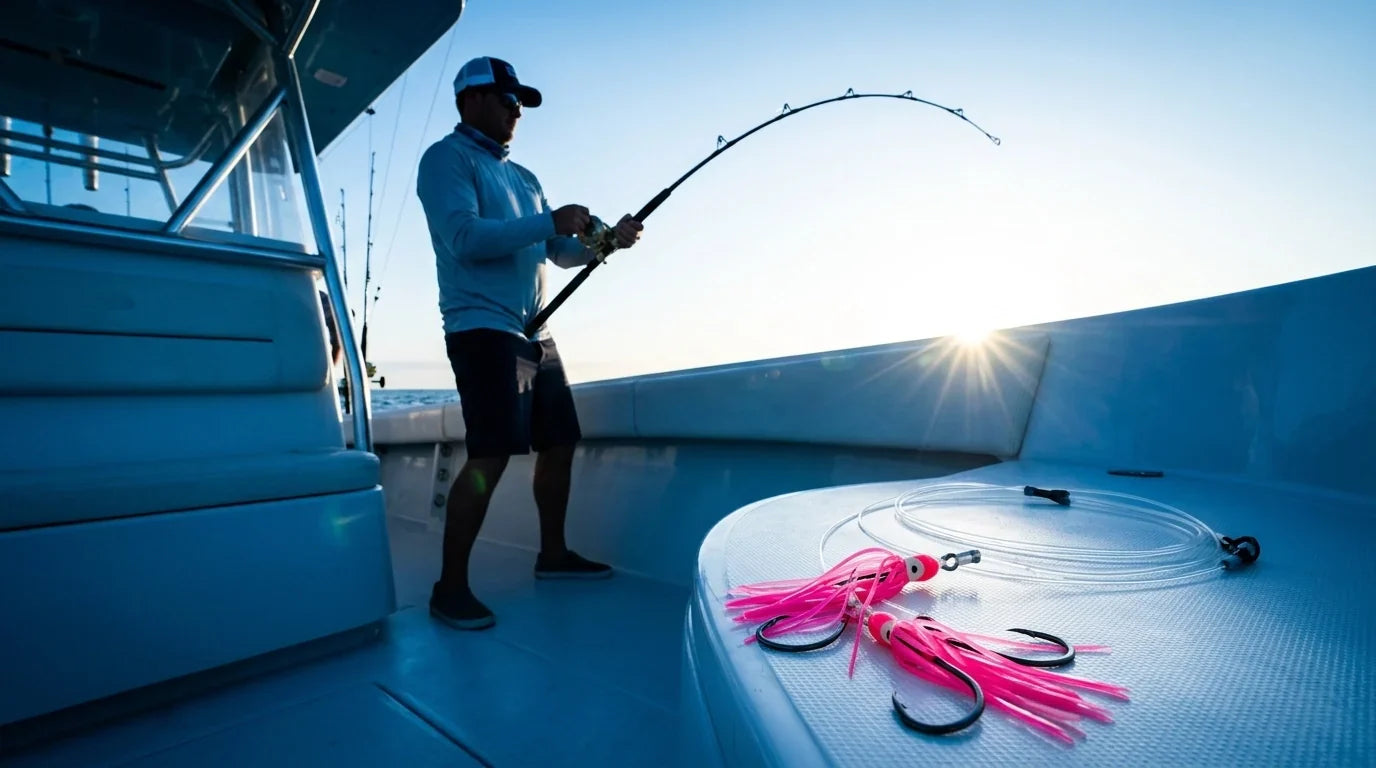 Black Sea Bass Fishing Rod Bent Squid Skirts on cooler Hi-Lo