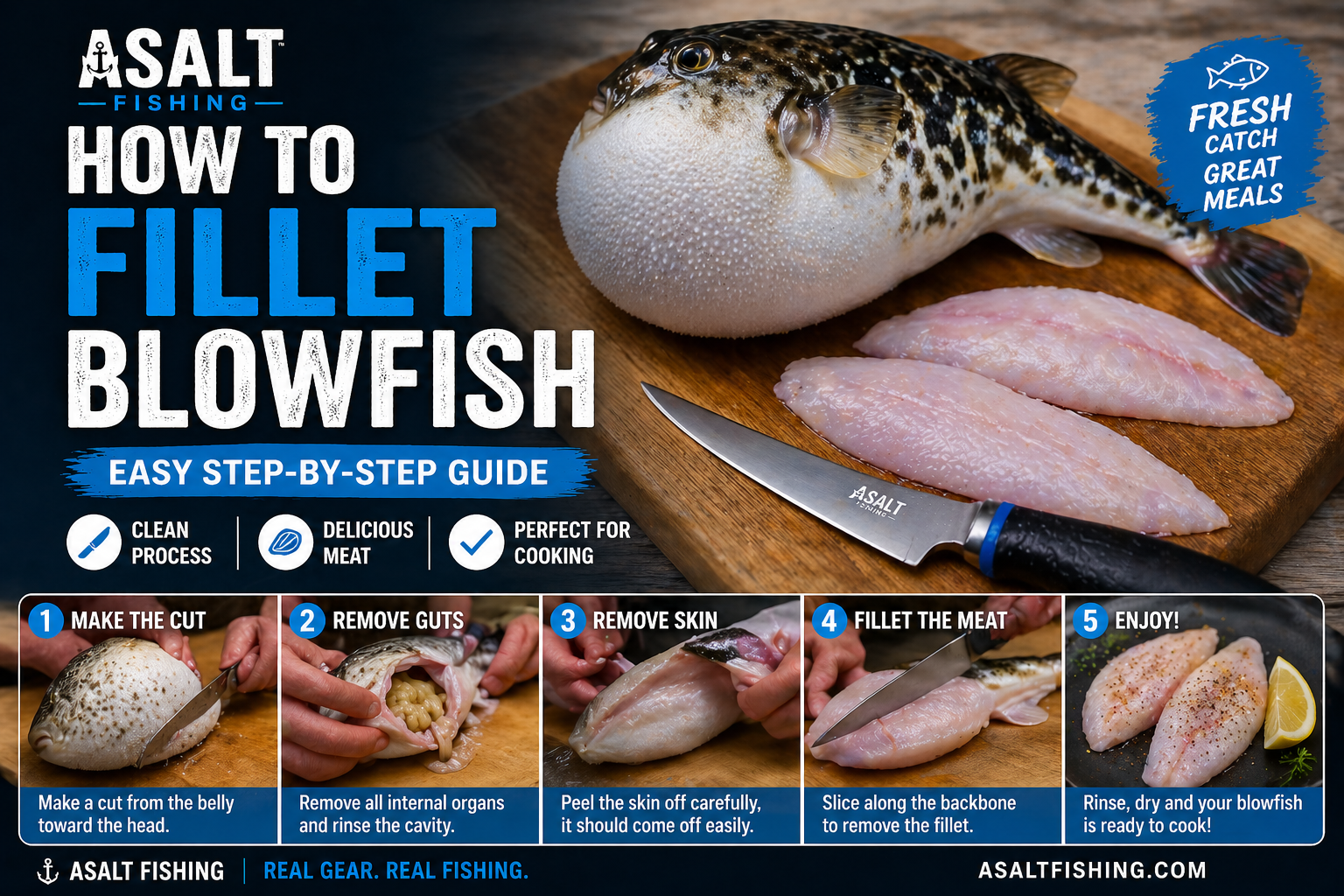 How to clean and fillet a blowfish on a cutting board — northern puffer fish cleaning guide