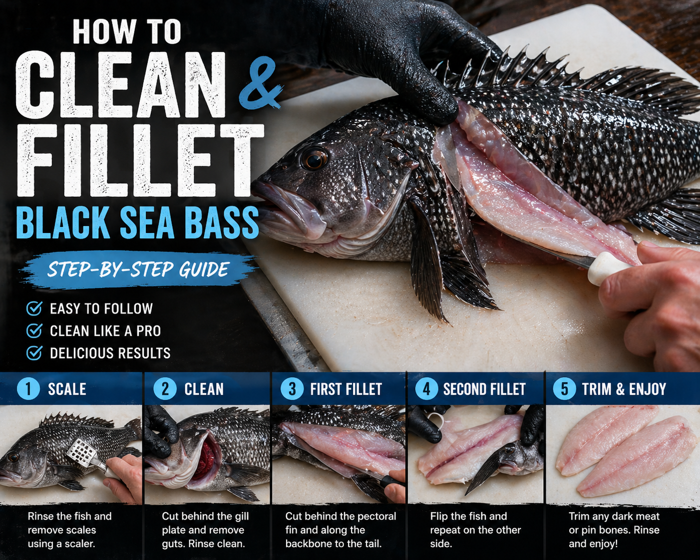 How to clean and fillet Black Sea Bass step by step, showing scaling, gutting, and filleting techniques on a cutting board for Northeast saltwater fishing