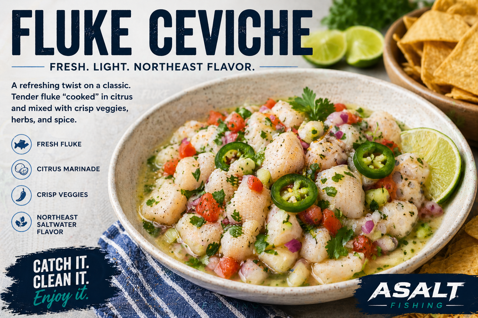 Fluke ceviche with fresh citrus, jalapeño, herbs, and diced vegetables served in a bowl