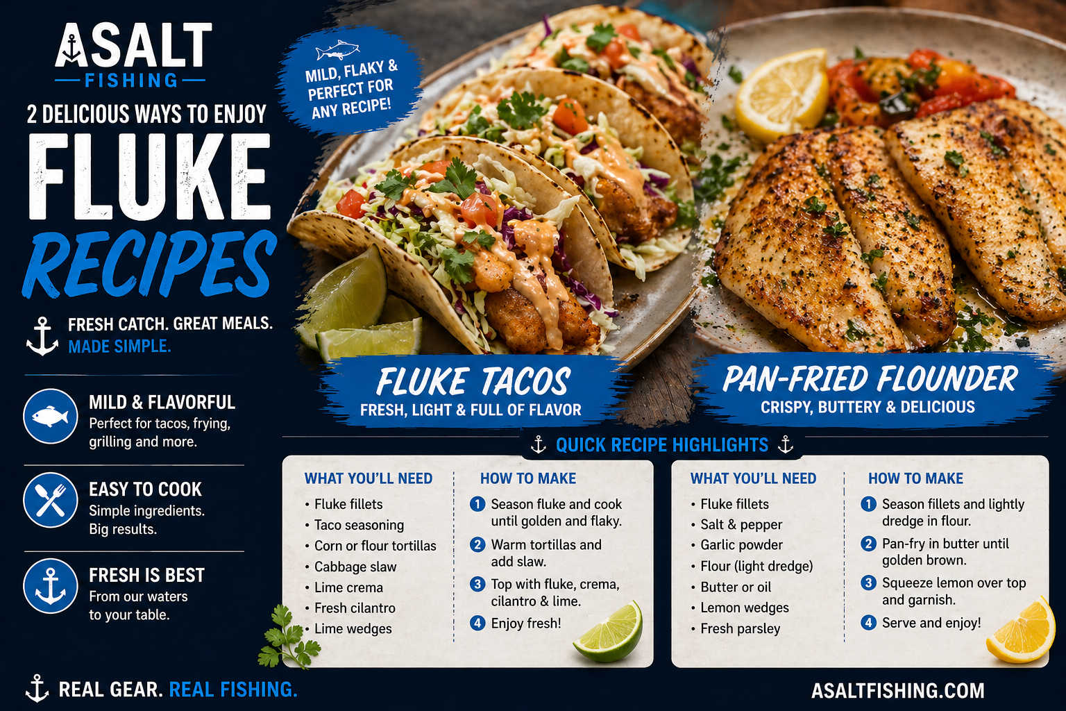 Fluke tacos and pan fried flounder plated with fresh ingredients – easy fluke recipes