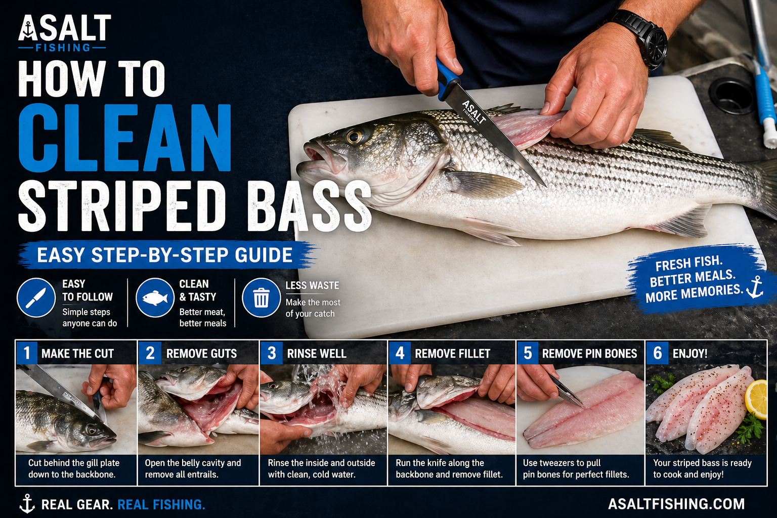 How to clean and fillet a striped bass on a cutting board — step-by-step filleting guide from Asalt Fishing