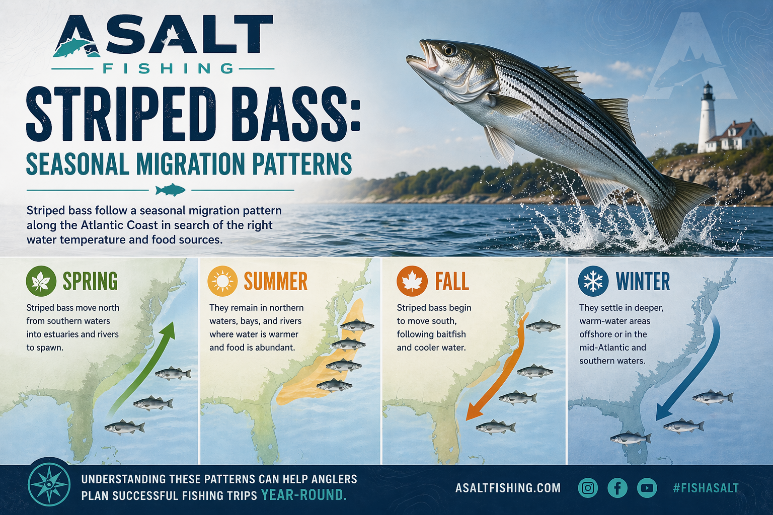 Striped bass seasonal migration pattern infographic showing spring northward spawn run, summer holdover, fall southward migration, and winter deep water refuge along the Atlantic Coast