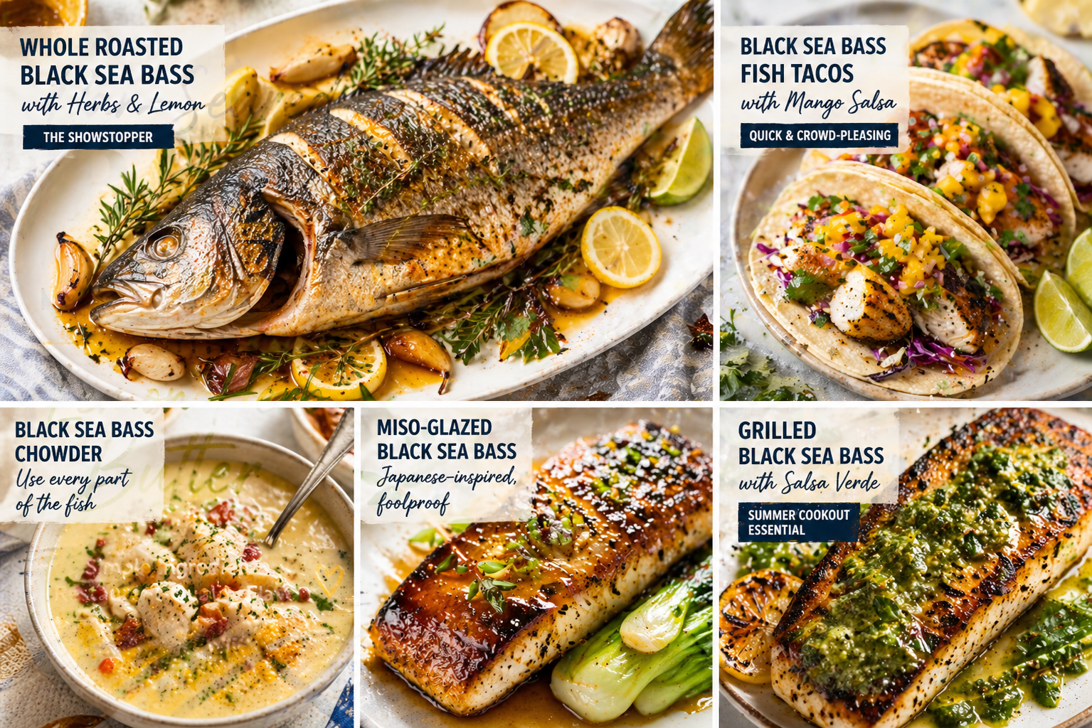 Collage of five black sea bass dishes: whole roasted fish with herbs and lemon, fish tacos with mango salsa, creamy chowder, miso-glazed fillet, and grilled fillet with salsa verde, presented in a clean, high-end food photography layout.