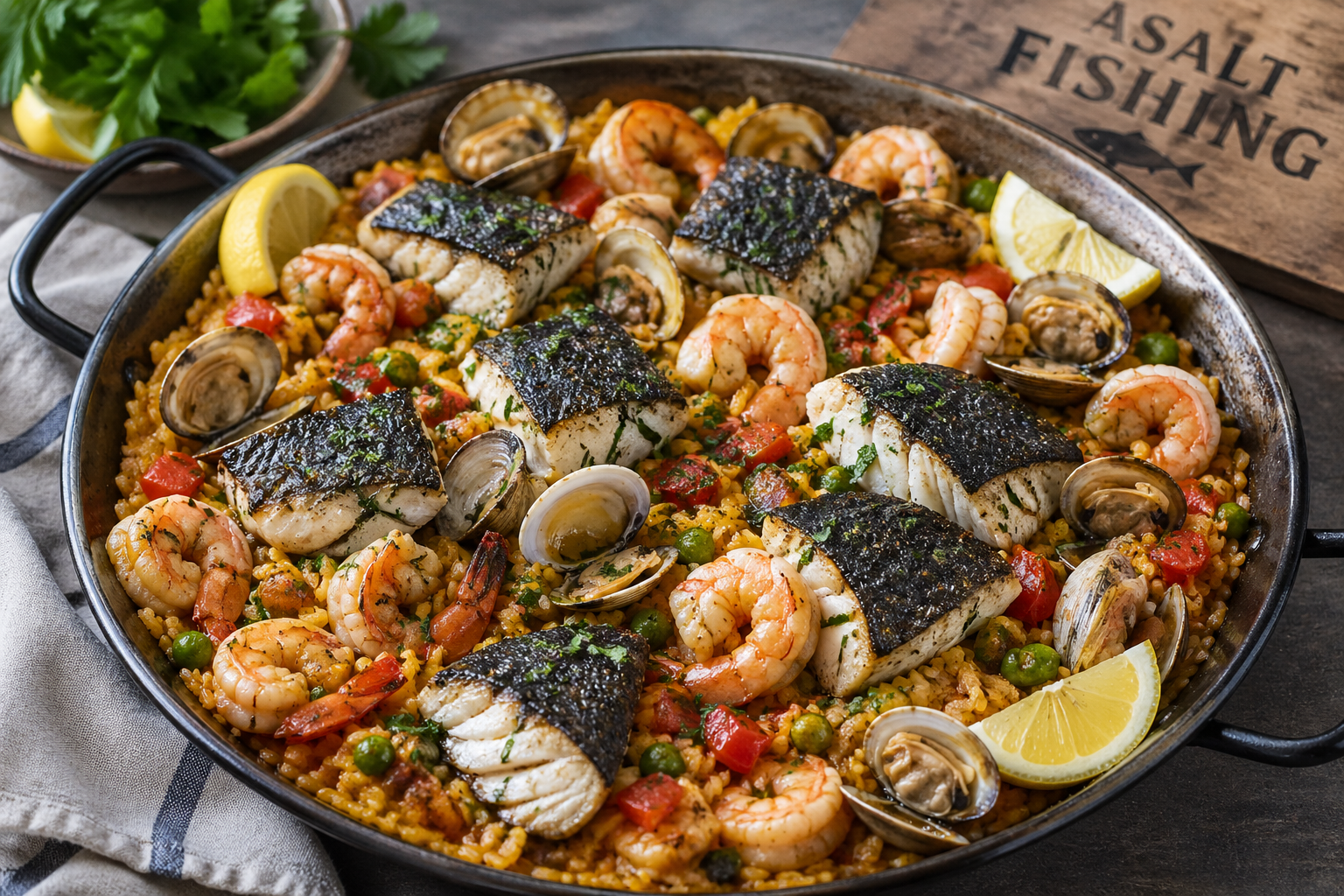 Northeast seafood paella in a rustic pan featuring black sea bass fillets, shrimp, and clams over saffron rice, garnished with lemon wedges and herbs, styled with Asalt Fishing branding.