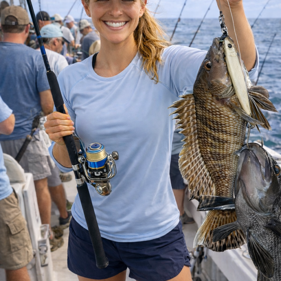 Woman caught sea bass with Asalt Fishing Epoxy Jig