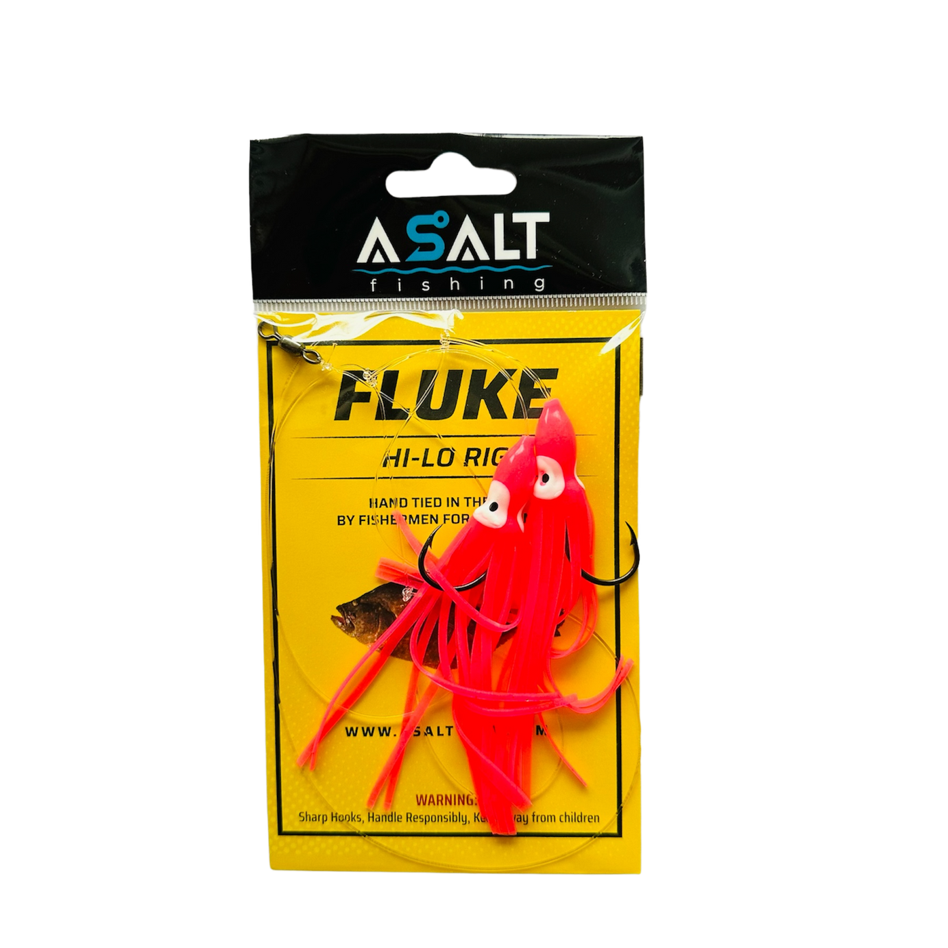 A packaged Fluke Hi-Lo Rig fishing lure with red and white squid skirt teasers and a yellow packaging background. The product is tied by Asalt Fishing for fluke (summer flounder) fishing.