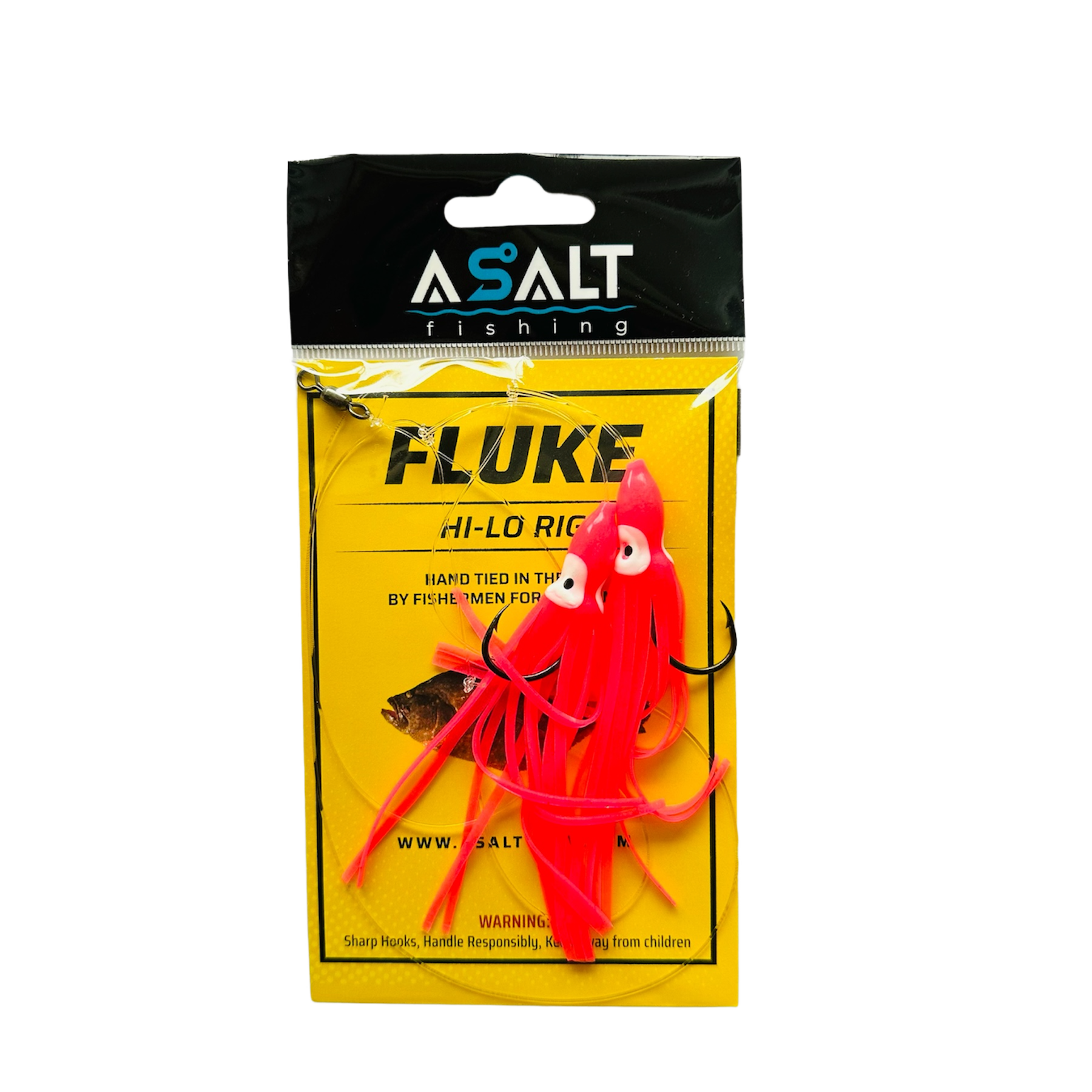 A packaged Fluke Hi-Lo Rig fishing lure with red and white squid skirt teasers and a yellow packaging background. The product is tied by Asalt Fishing for fluke (summer flounder) fishing.