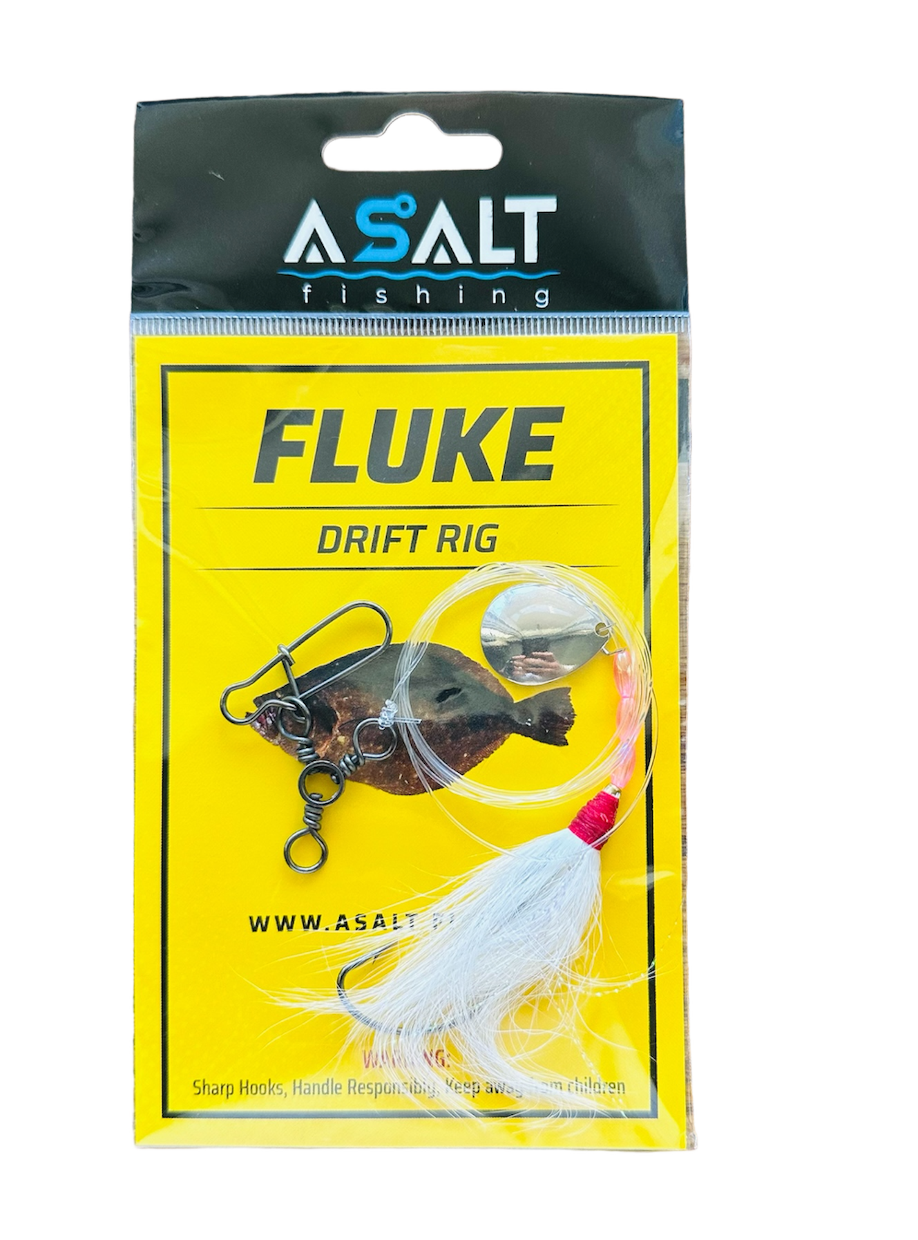 A packaged Fluke Drift Rig fishing lure with a colored bucktail teaser, spinner blade, and 3-WaySnap for sinker, displayed against a yellow background with the ASLT FISHING branding.