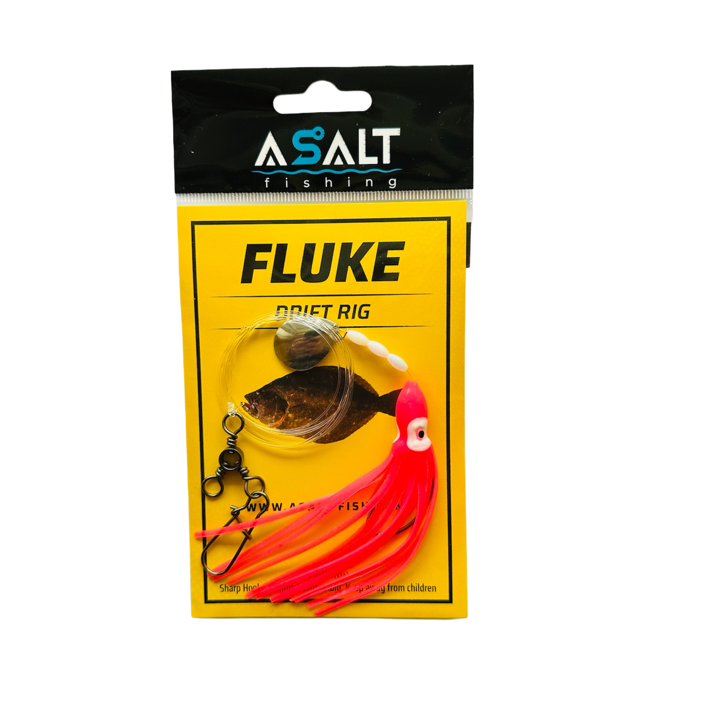 A Fluke Squid Skirt Drift Rig packaging with a colored squid skirt, spinner blade, and 3-WaySnap for sinker, marketed by ASALT FISHING.