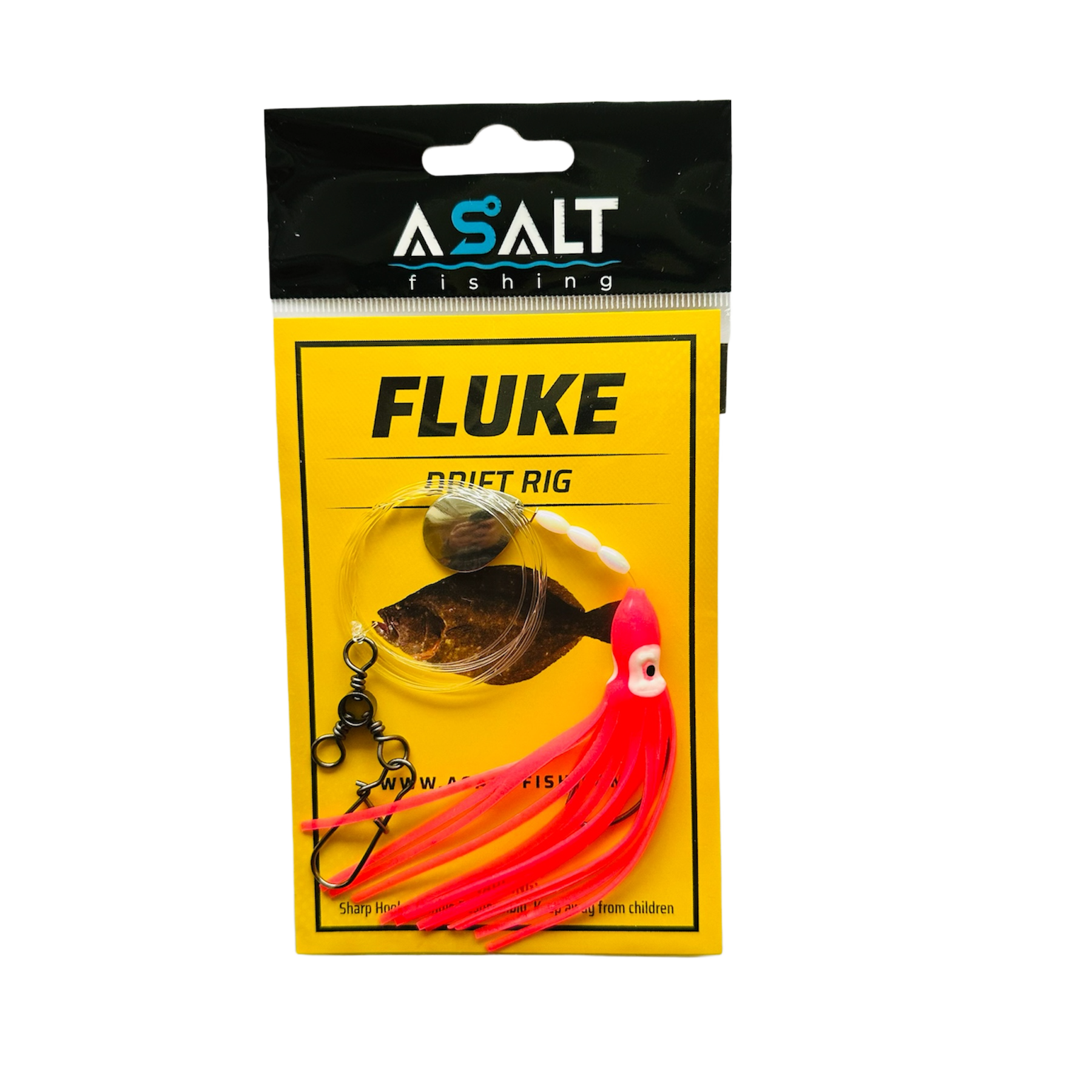 A Fluke Squid Skirt Drift Rig packaging with a colored squid skirt, spinner blade, and 3-WaySnap for sinker, marketed by ASALT FISHING.
