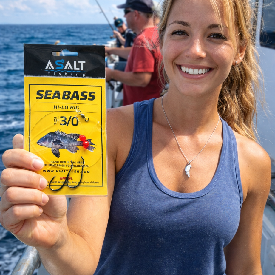Woman on a boat holding a package of Asalt Seabass hooks with fishing equipment in the background.