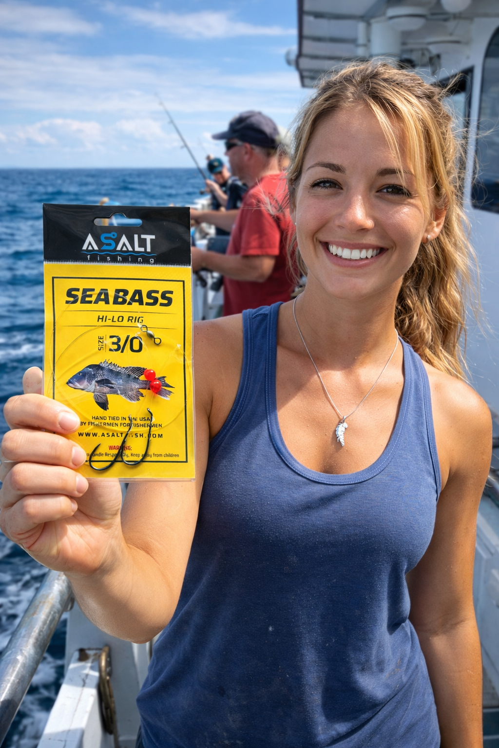 Woman on a boat holding a package of Asalt Seabass hooks with fishing equipment in the background.