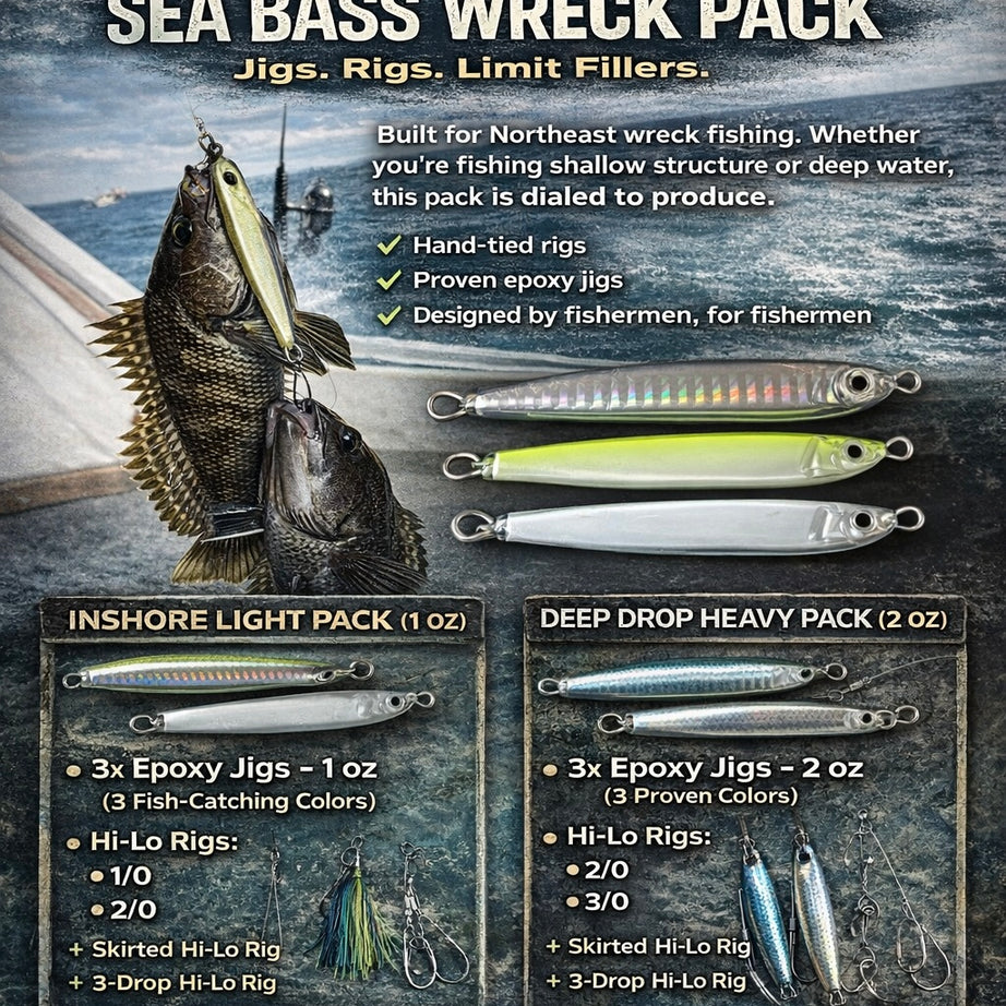 Advertisement for Asalt Fishing Sea Bass Wreck Pack with fishing lures and gear on a dark background.