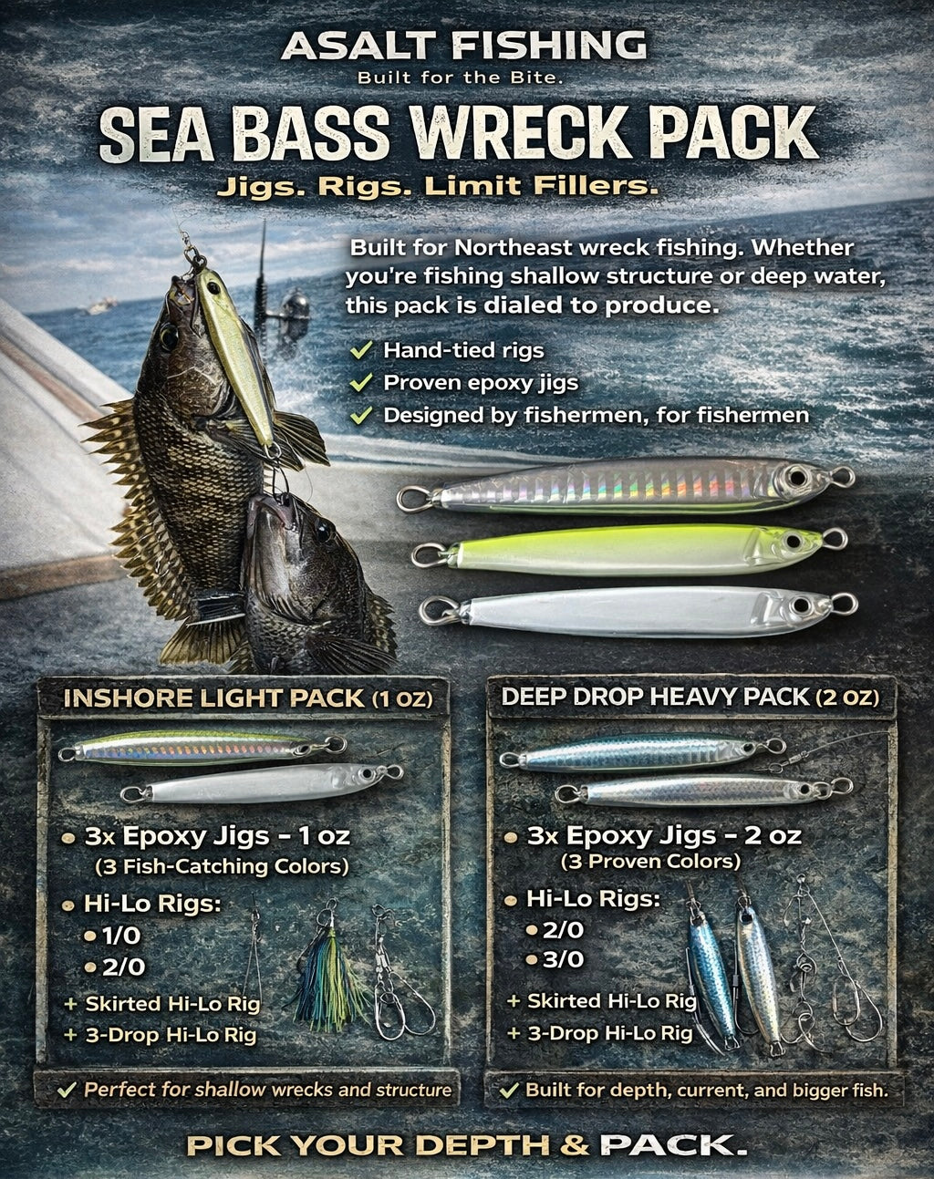 Advertisement for Asalt Fishing Sea Bass Wreck Pack with fishing lures and gear on a dark background.